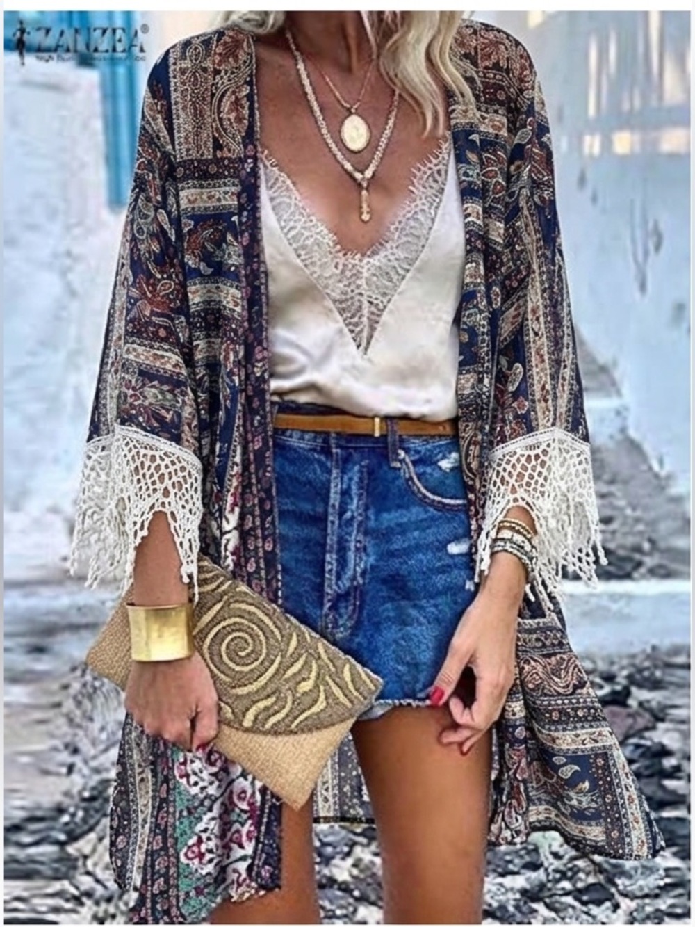EUC Beautiful Cato est 1946 blue floral Kimono/Cover w Crochet sleeves trim SZ L